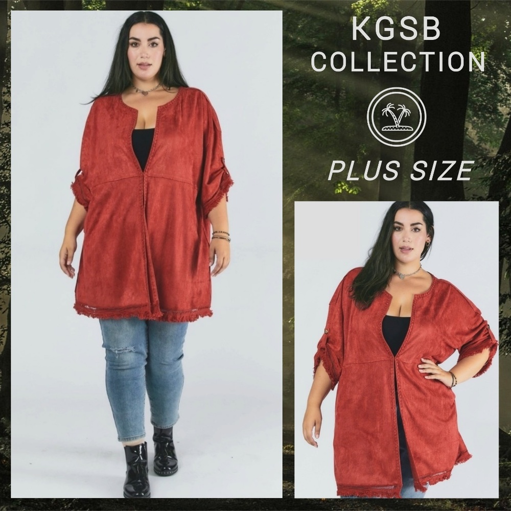 KGSB Light Suede Cardigan W/Embroidery, Lace & Fringe Hems, Tab Sleeves, Pockets